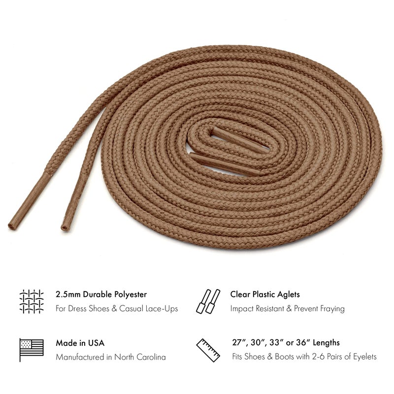 Benchmark Basics 33" Walnut Dress Shoe Laces - Round Waxed Shoestrings for Shoes & Boots - 1/10" (2.5mm) Diameter - 1 Pair - Image 2